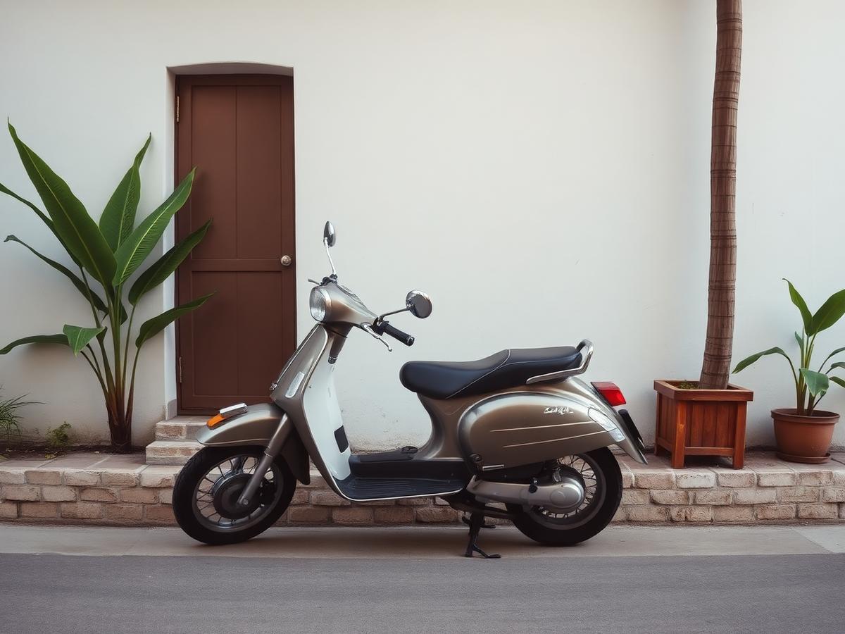 A vintage scooter parked against a white wall beside tropical plants
