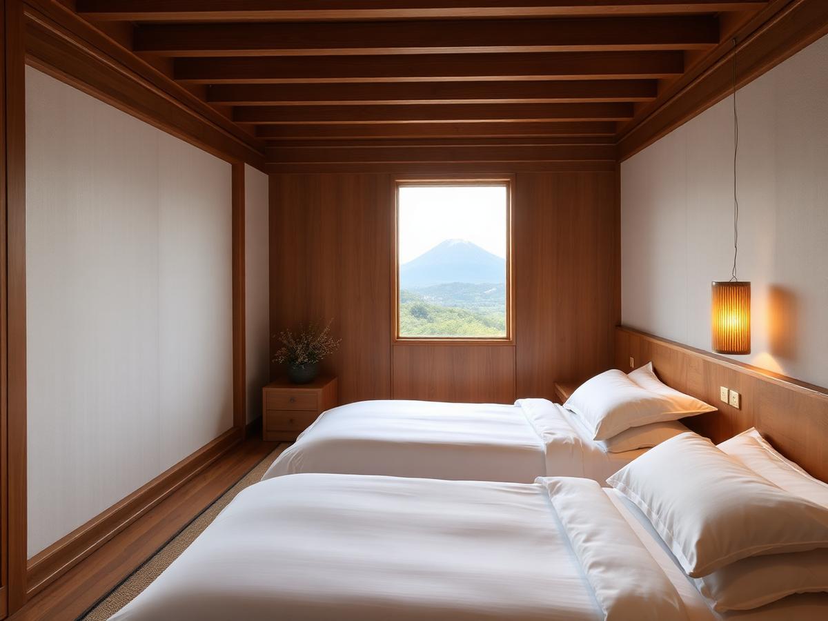 Zen boutique hotel room with wooden beams and a window view of a distant mountain